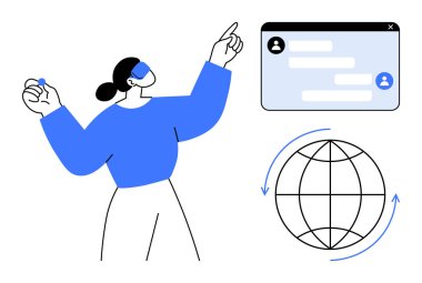 Sohbet arayüzü ve dünya simgesinin yanında elinde kalem tutan bir kadın. Çevrimiçi iletişim için ideal, küresel ağ, dijital araçlar, müşteri hizmetleri, işbirliği, uzaktan çalışma, basit