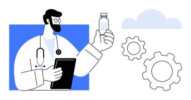 Doktor elinde ilaç şişesi tutuyor, tıbbi yenilikleri, teknolojiyi ve ilerlemeyi işaret ediyor. Sağlık, teletıp, yenilik, araştırma, ilaç teknolojisi için ideal basit iniş sayfası