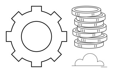 Bozuk para yığını ve bulut anahatlarının yanında birleştirme mekanizmaları, ekonomi ve teknoloji. Yenilik, endüstri, finans, ilerleme, bulut hesaplama yatırımı için ideal basit düz metafor