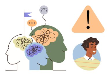 Karışık çizgileri ve soru işareti olan çeşitli kafalar, çığır açan bayrak, gülümseyen şahıs ve alarm üçgeni. Zihinsel sağlık, problem çözme, büyüme, duygular ve farkındalık terapisi için ideal