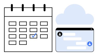 Bulut ve sohbet penceresinin yanındaki tarih işaretli takvim. Program, verimlilik, işbirliği, organizasyon, uzaktan çalışma, planlama, basit iniş sayfası için ideal