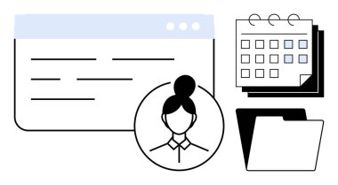 Arayüz penceresi, profil avatarı, takvim ve dizin görev yönetimi, organizasyon ve verimliliği sembolize ediyor. Profil yönetimi iş akışı veri organizasyonu, planlama ve profil yönetimi için ideal