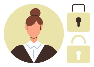 Kilitli ve açık asma kilitlerin yanında resmi giyinmiş bir kadın portresi. Gizlilik koruması, kullanıcı kimlik denetimi, veri güvenliği, erişim kontrolü, kimlik doğrulaması, siber güvenlik, basit