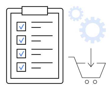 Kontrol listeli pano, aşağı oklu alışveriş arabası ikonu, verimliliği ve süreci sembolize eden çark. Planlama, e-ticaret, organizasyon, iş akışı, lojistik, görev yönetimi için ideal