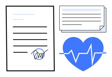Resmi imzalı belge, tıbbî kayıtlar ve kalp atışı çizgisi olan kalp. Sağlık, anlaşma, sigorta, sağlık, sözleşmeler, veri yönetimi tıbbi analizleri için idealdir. Basit düz