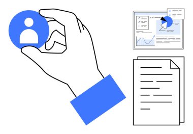 El ele tutuşan kullanıcı profili simgesi, analiz paneli ve veri raporlarıyla birlikte. Kullanıcı yönetimi, HR çözümleri, analitik, adam toplama, iş stratejisi, veri örgütü için ideal