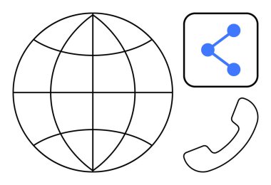 Küresel iletişim, ağ oluşturma ve işbirliğini vurgulayan dünya ana hatları, ortak ikon ve telefon sembolü. Bağlantı, teknoloji, iş, internet medya etkileşimi için ideal basit