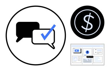 Kontrol işaretli konuşma baloncukları, daire şeklinde dolar işareti ve analitik gösterge paneli. İş, iletişim, finans, takım çalışması, karar verme pazarlama faaliyetleri için idealdir. Basit düz metafor