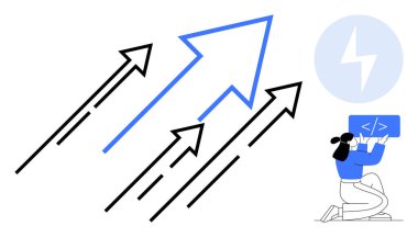 Dizüstü bilgisayarında yukarı doğru ok atan bir kadın büyüme, hız ve başarıyı temsil ediyor. İlerleme, yenilik, teknoloji, girişimler, kodlama, üretkenlik ve basit iniş sayfası için ideal