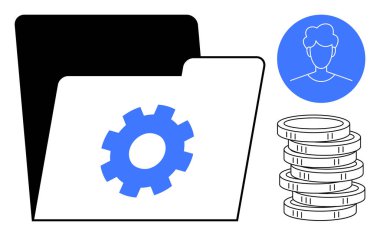 Ayarlar için teçhizatlı dosya dizini, mavi daireli kullanıcı profili ve finans ve yönetimi temsil eden para desteleri. Veri yönetimi, finans, kullanıcı ayarları, teknoloji, organizasyon için ideal
