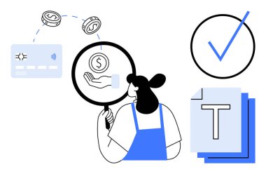 Kadın, büyüteç, güvenli ödeme kartı, bozuk para, kontrol listesi ve dosyalar kullanarak madeni parayı inceliyor. Finans, güvenlik, denetleme, planlama amaçlı e-ticaret için idealdir.