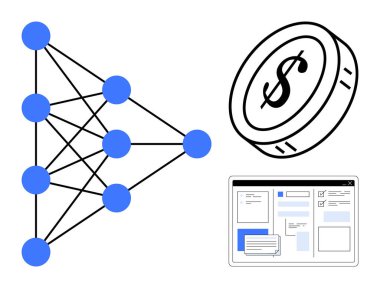 Bağlı düğümlere sahip sinirsel ağ, dolar işaretli madeni para, web arayüzü düzeni. Yapay zeka, finans, teknoloji, yenilik, veri analizi dijital dönüşüm makinesi eğitimi için idealdir. Basit düz