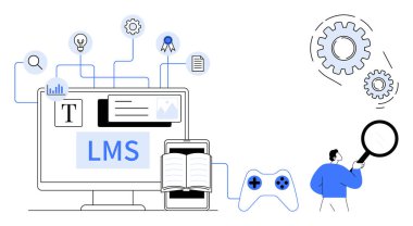 LMS 'i açık kitap, telefon, oyun kumandası, büyüteç ve vites yanında gösteren bilgisayar ekranı. Eğitim, e-öğrenim, eğitim, gamifikasyon teknolojisi bilgi transferi için ideal