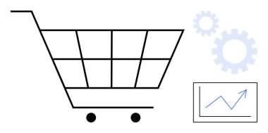 İki vitesli alışveriş arabası ve büyüme çizelgesi olan bir ekran. E-ticaret, pazarlama, çevrimiçi alışveriş, veri analizi, optimizasyon, perakende teknoloji, basit düz metafor