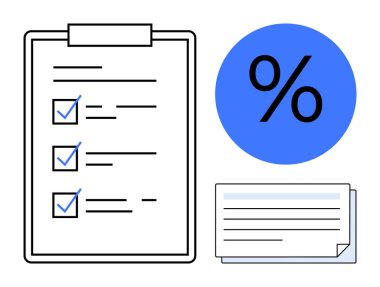 Panodaki kontrol listesi, mavi yüzde sembolü ve takip, planlama ve değerlendirmeyi vurgulayan kağıt yığını. Üretim, finans, organizasyon, veri yönetimi iş stratejileri için ideal