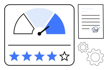Puanlama göstergesi, altı çizili beş yıldızlı ölçü, imzalı sözleşme belgesi ve vites simgesi. Değerlendirme sistemleri, performans değerlendirmesi, iş anlaşmaları, müşteri geribildirimleri, kalite