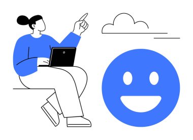 Bireyler dizüstü bilgisayarlarıyla oturur, gökyüzünü gösterir, büyük mutlu yüz ve bulutlar görünür. Pozitiflik, teknoloji, yaratıcılık, işbirliği, iyimserlik, uzaktan iniş sayfası için ideal