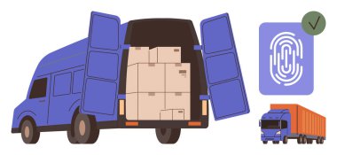 Paketler, dijital parmak izi ikonu ve daha küçük kamyon görüntüleriyle dolu bir teslimat kamyonu. Lojistik, nakliye, dağıtım, güvenlik, teknoloji e-ticaret küresel ticaret temaları için idealdir. Basit düz