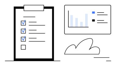 Birden fazla işaretli ögesi olan kontrol listesi, veri içgörüsü olan bar çizelgesi ve bir bulut sembolü. Çalışma akışı, üretkenlik, planlama, veri analizi, organizasyon, görev yönetimi için ideal basit iniş sayfası