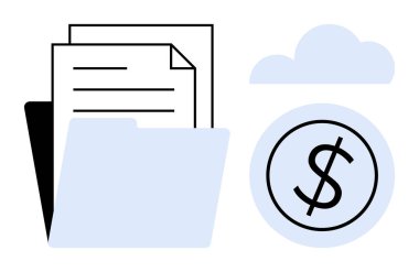 Belgeler, para ve bulut içeren klasör, veri depolama, finansal kayıtlar ve modern teknolojiyi sembolize ediyor. Finans, bulut hesaplama, organizasyon güvenlik iş verileri için ideal