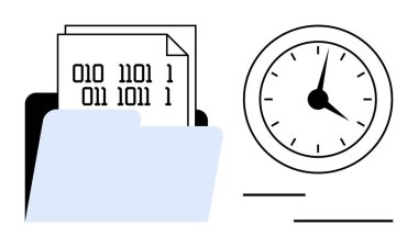 Veri depolama, kodlama, zaman izleme ve organizasyonu gösteren analog bir saatin yanında ikili kodlu dokümanlar bulunan dosya dizinini aç. Veri yönetimi, programlama, teknoloji, zaman optimizasyonu için ideal