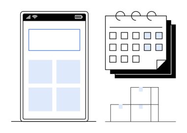Izgara planlı akıllı telefon ekranı, işaretli tarihli takvim ve blok düzenlemesi. Üretkenlik, zamanlama, organizasyon, zaman izleme, mobil uygulama tasarımı, iş akışı planlaması için ideal basit