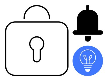 Kilitli asma kilit, uyarı zili ve mavi daire ampul ikonu güvenlik, bilgilendirme, yenilik ve fikirleri temsil ediyor. Dijital güvenlik, yaratıcılık, farkındalık beyin fırtınası için ideal