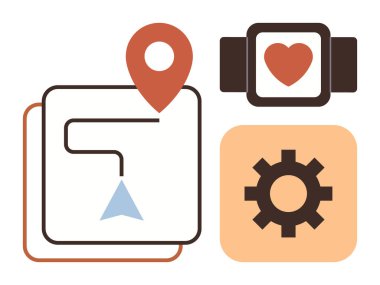 Konum kodlu GPS rotası, akıllı sette kalp monitörü ve ayarlar için dişli tekerlek. Fitness, sağlık takibi, navigasyon, uygulama arayüzü, teknoloji verimliliği yaşam tarzı için ideal. Basit düz