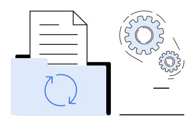 Senkronizasyon simgesi ve vitesli kağıt süreç optimizasyonu, sistem entegrasyonu veya otomatikleştirilmiş iş akışı öneriyor. Teknoloji, veri depolama, organizasyon, güncellemeler için ideal