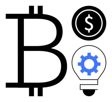 Siyah Bitcoin sembolü, dolar işareti madeni para, ampulün içindeki mavi dişli. Kripto para, finans, teknoloji, yenilik, dijital ekonomi yatırımları için ideal. Basit düz metafor