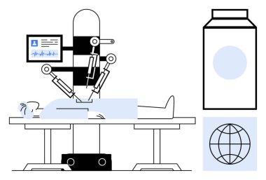 Bir hastaya ameliyat yapan robotik kollar, hayati organları, süt kutusunu ve küreyi gösteren bir ekran. Sağlık, robot bilimi, yenilik, yapay zeka teknolojisi modern tıp kesinliği için idealdir. Basit düz
