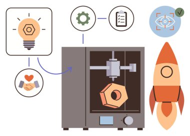Geometrik şekil yaratan 3D yazıcı, fikir simgesi olarak ampul, yeniliğin roket sembolü, çark, belge, işbirliği için tokalaşma. Teknoloji, yaratıcılık ve takım çalışması için ideal.