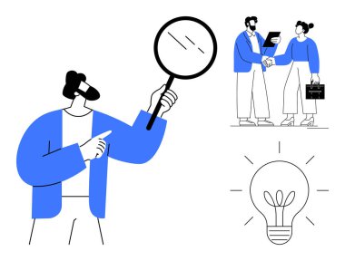 Büyüteçle analiz eden adam, ortaklığı sembolize eden profesyoneller ve yeni fikirler için parlayan ampuller. Analiz, takım çalışması, yenilik, girişim ve iş planlaması için ideal