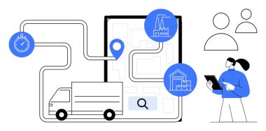 Kamyon haritada rotası, kronometresi, fabrikası, deposu ve tabletindeki teslimatları takip ediyor. Lojistik, tedarik zinciri, teslimat, uzaktan ulaşım haritalama işlemleri için ideal