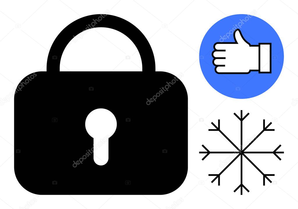 Black padlock, blue thumbs-up icon, and a snowflake symbol emphasizing security, trust, and cool design. Ideal for privacy, tech, winter themes, approval data protection minimalism simple landing