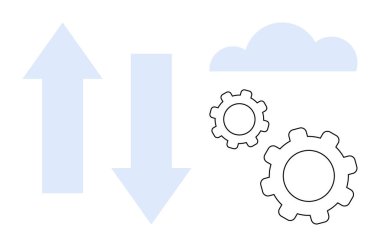 Oklar, bulutlar ve vitesler veri akışını, bulut hesaplamasını ve otomasyonu sembolize ediyor. Teknoloji, verimlilik, iş akışı, ağ bağlantısı yeniliği için ideal basit bir iniş sayfası
