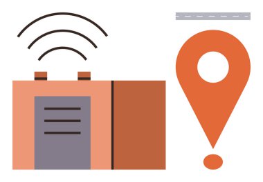 Kablosuz GPS vericisi büyük bir konum işaretleyicisi ve yol segmentinin yanında sinyal yayıyor. Navigasyon, konum izleme, teknoloji, seyahat, bağlantı, iletişim için ideal, basit düz