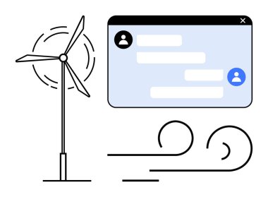 Rüzgar türbini dönen rüzgar ve dijital sohbet arayüzü. Yenilik, iletişim, sürdürülebilirlik, yeşil enerji, teknoloji, çevresel odak, basit iniş sayfası için ideal