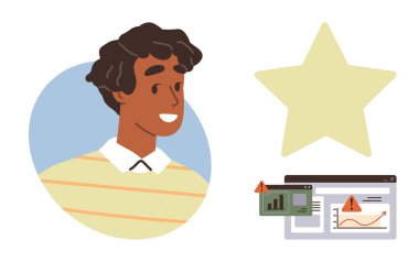 Uyarı uyarıları gösteren veri tablolarıyla neşeli bir insan ve başarıyı, tanınmayı ya da hedefleri temsil eden bir yıldız. Liderlik, performans, motivasyon, problem çözme, analitik ve eğitim için ideal