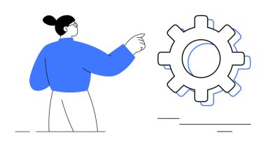 Büyük dişli dişlilere işaret eden kadın fikirleri, teknolojiyi, takım çalışmasını, yeniliği, süreci, gelişimi, ilerlemeyi sembolize ediyor. İş ve iş akışı mühendisliği için ideal verimlilik stratejisi