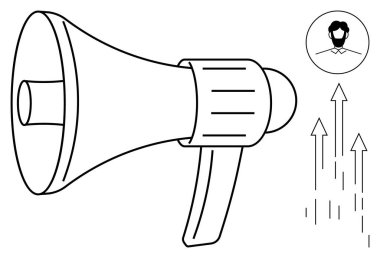 Megafonla profil ve yükselen oklar eşleştirilerek terfi, liderlik ve nüfuz taşınıyor. Pazarlama, markalaşma, büyüme, duyurular, savunuculuk, liderlik güçlendirme temaları için ideal