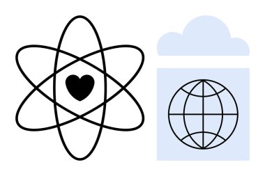 Bilim ve bağlantı merkezinde kalbi olan atom modeli, bir ızgara küre ikonu içeren bulut deposunun yanında. Bilim, teknoloji, veri, aşk ve küresel iletişim üzerine fikirler için ideal
