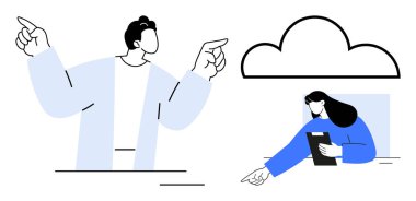 İki kişi dinamik bir şekilde el kol hareketi yapıyor, biri tablet tutuyor, bulut grafiği ile bağlanıyor. İşbirliği için ideal, takım çalışması, teknoloji, bulut hesaplama, yenilik, eğitim için basit iniş sayfası