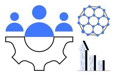 Takım çalışmasını sembolize eden vitesli insanlar, işbirliğini temsil eden bir ağ ve büyümeyi gösteren yükselen bir bar tablosu. Takım çalışması, yenilik, işbirliği, strateji, büyüme ve teknoloji için ideal