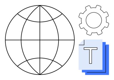 Şebeke çizgili dünya, dişli ve katmanlı metin sayfaları küresel ağ, teknoloji entegrasyonu, işbirliği, içerik oluşturma, yazılım geliştirme, eğitim ve basit bir iniş sayfasını sembolize eder