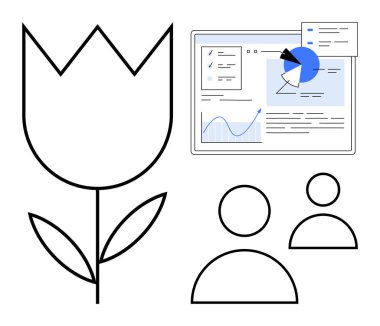 Analitik gösterge paneli, grafikler ve kullanıcı simgelerinin yanında soyut lale. Takım çalışması, yaratıcılık, yenilik, veri sunumu, işbirliği ve modern tasarım için ideal