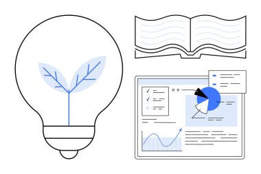 Yaprak ile sembolize edilen ampul eko-yeniliği, öğrenmek için açık kitap ve veri grafiklerini gösteren tablet. Sürdürülebilirlik, yenilik, eğitim, analitik, yaratıcılık ve araştırma için ideal