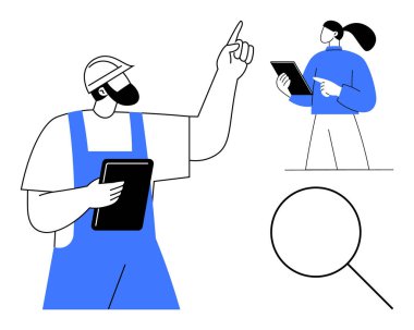 İnşaat işçisi elinde tabletle yukarı doğru hareketler yapıyor. Resmi giyim müdürü tableti incelikle kullanır. Büyüteç de dahil. Takım çalışması, yenilik ve dijital araçlar için ideal