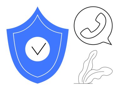 İşaretli mavi kalkan, konuşma balonunda telefon, bitki elementleri. Güvenlik, iletişim, güven, koruma, gizlilik güvenilirliği doğrulaması için idealdir. Temiz ve basit düz metafor