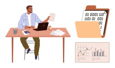 Masada dizüstü bilgisayarı, veri tablosu ve dosyasıyla evrakları inceleyen bir adam. Ofis işi, veri analizi, verimlilik, organizasyon, iş stratejisi, bilgi yönetimi için ideal basit daire